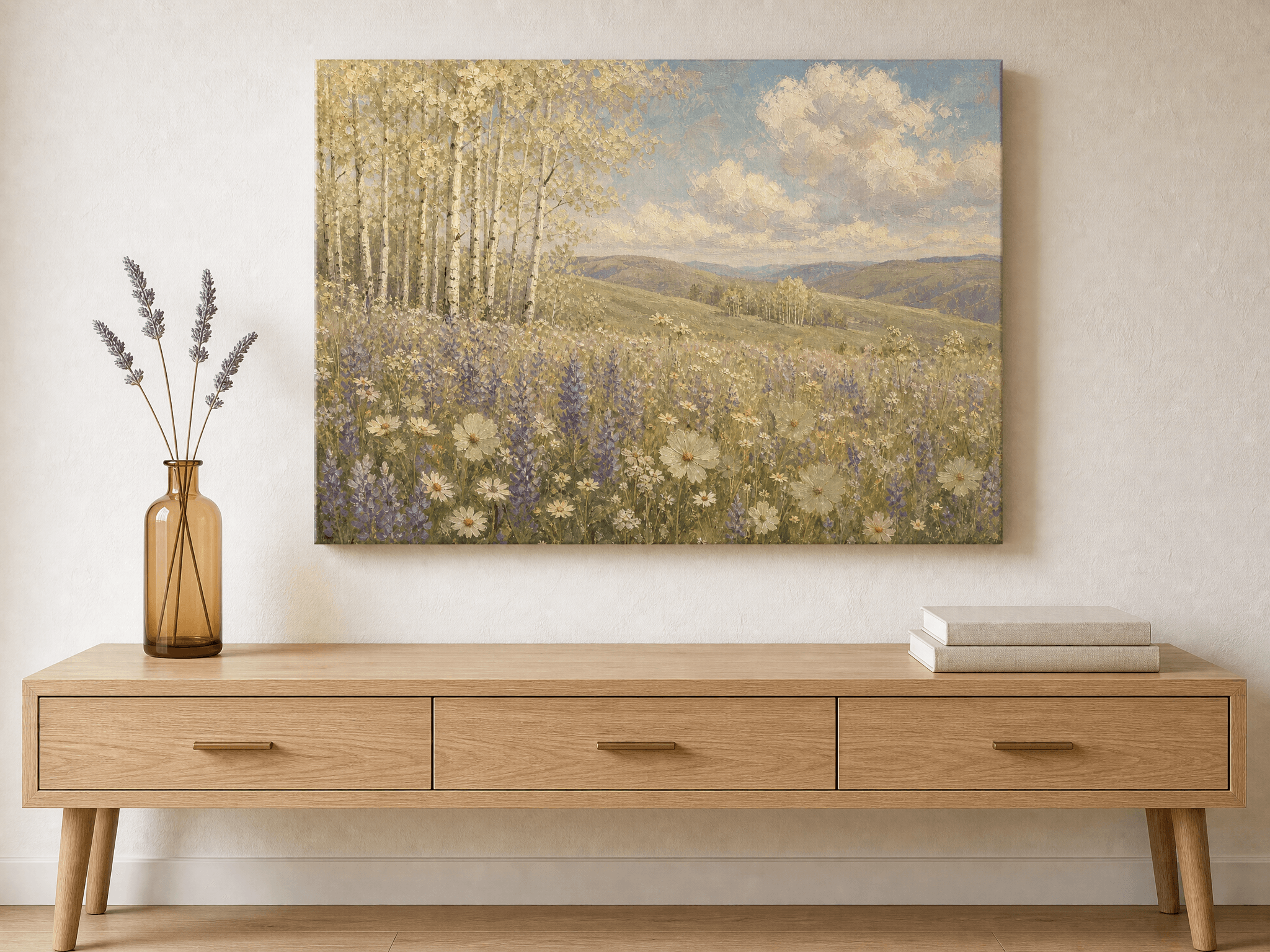 Curated wall art prints displayed in a beautifully styled living room