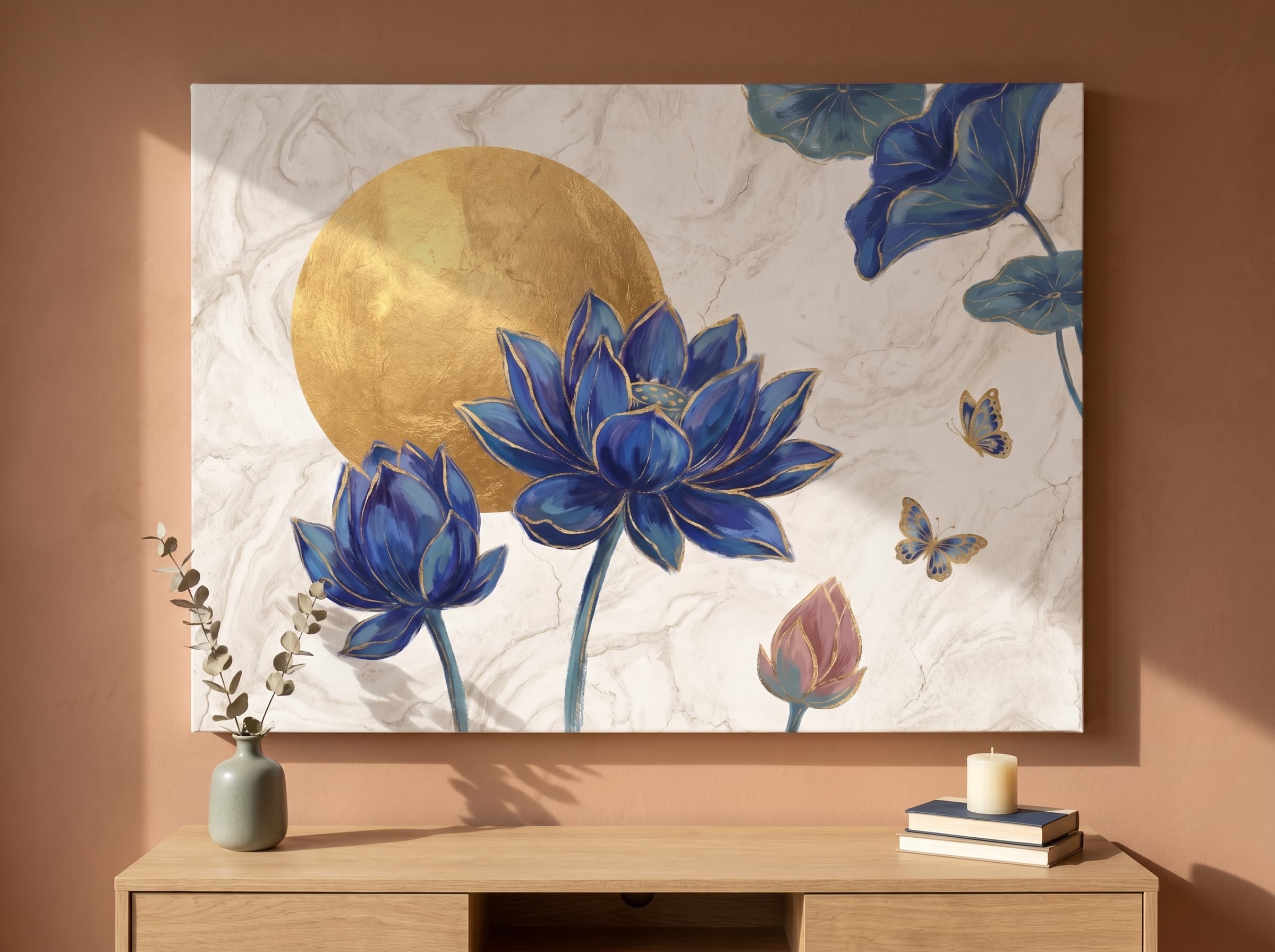 Blue Lotus Gold Moon Canvas Wall Art | Japanese Chinoiserie Print | Living Room Home Decor