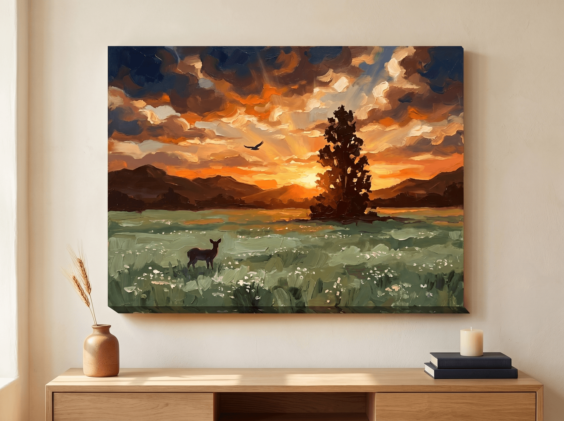 Curated wall art prints displayed in a beautifully styled living room