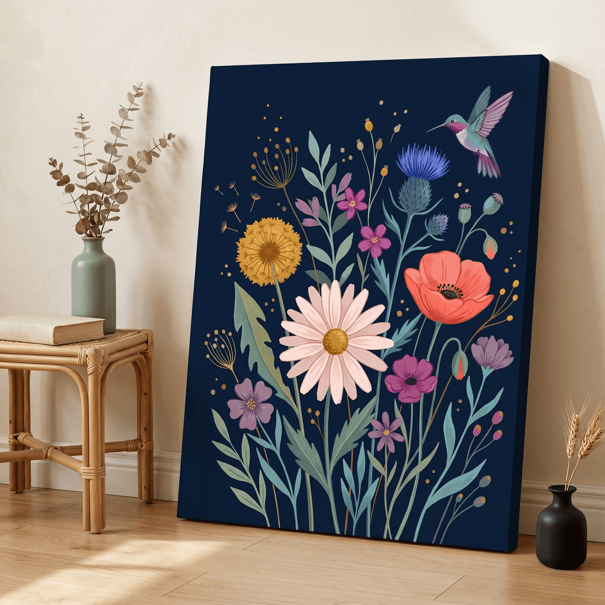 Folk Wildflower Hummingbird Canvas Wall Art | Vibrant Navy Botanical Print | Living Room Home Decor