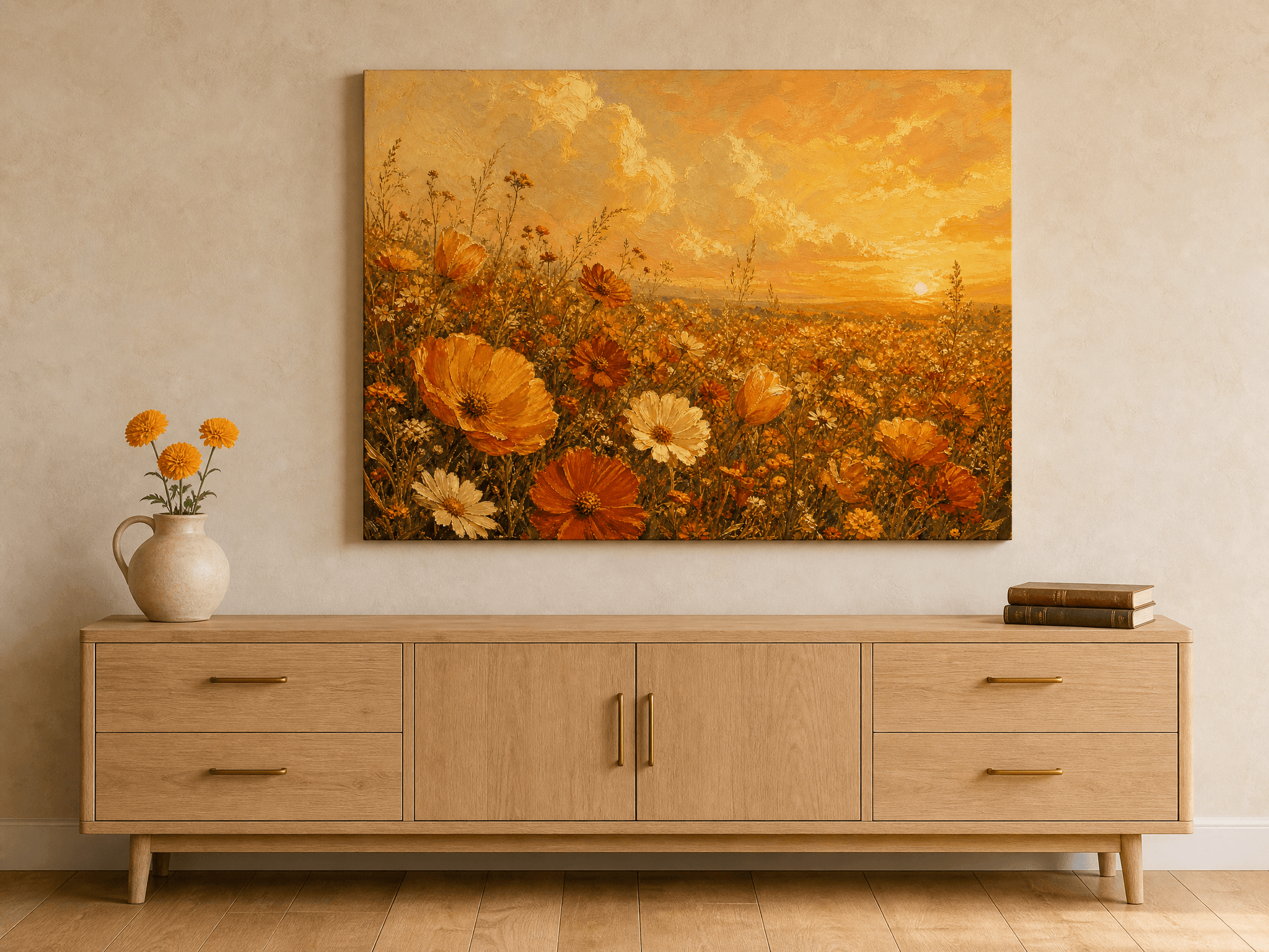 Curated wall art prints displayed in a beautifully styled living room