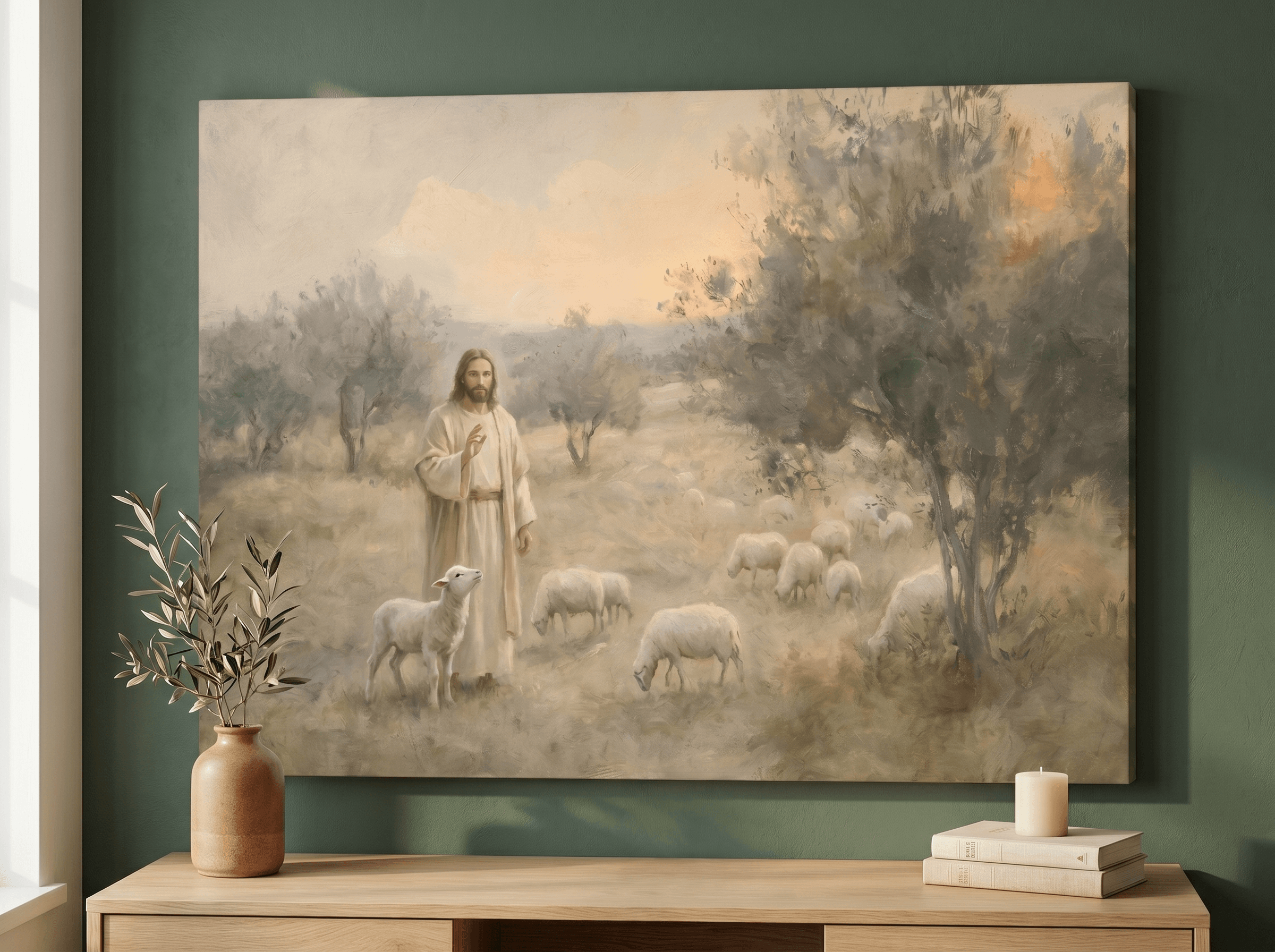 Curated wall art prints displayed in a beautifully styled living room