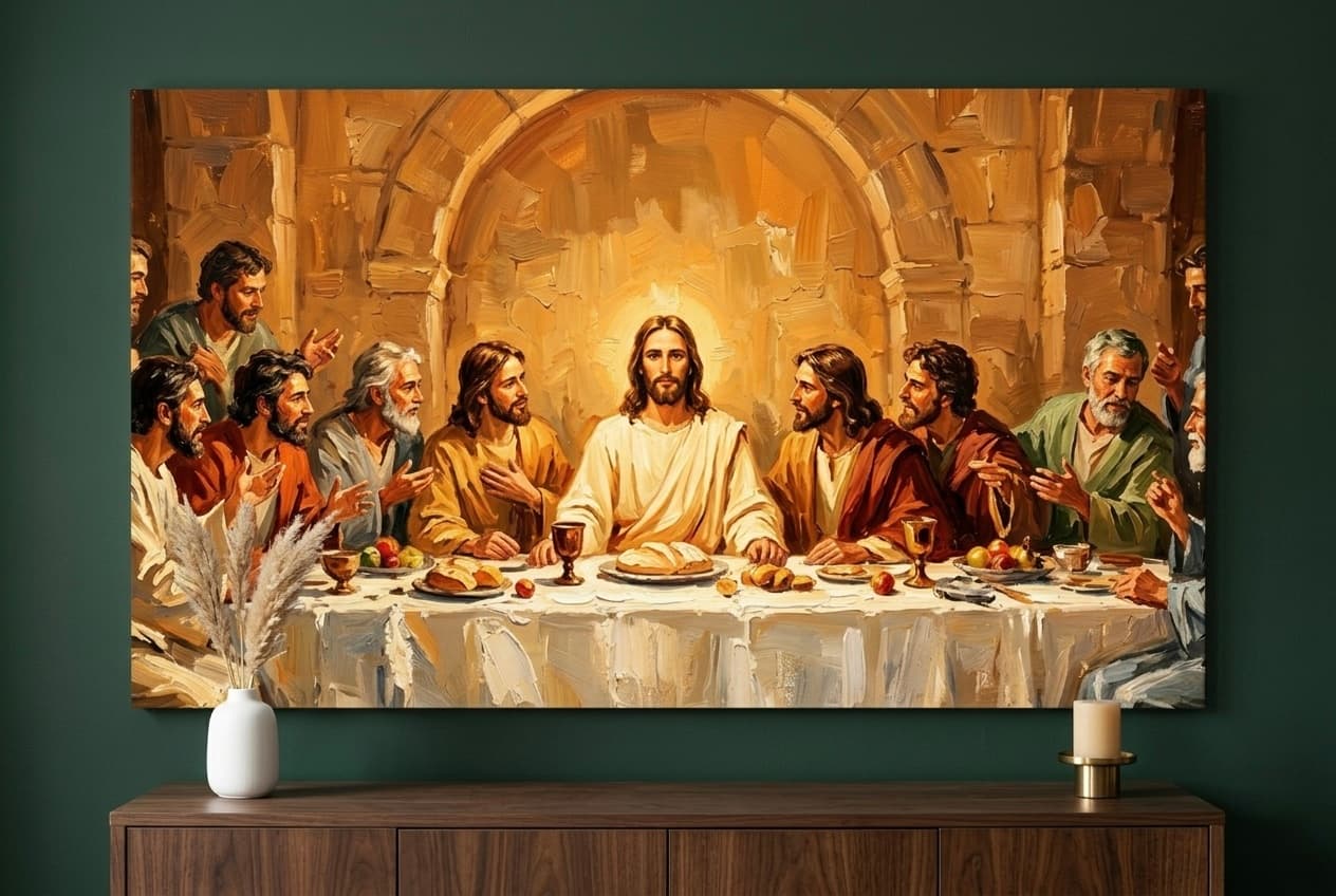 Last Supper Impasto Canvas Wall Art | Faith Impressionist Framed Print | Dining Room Decor