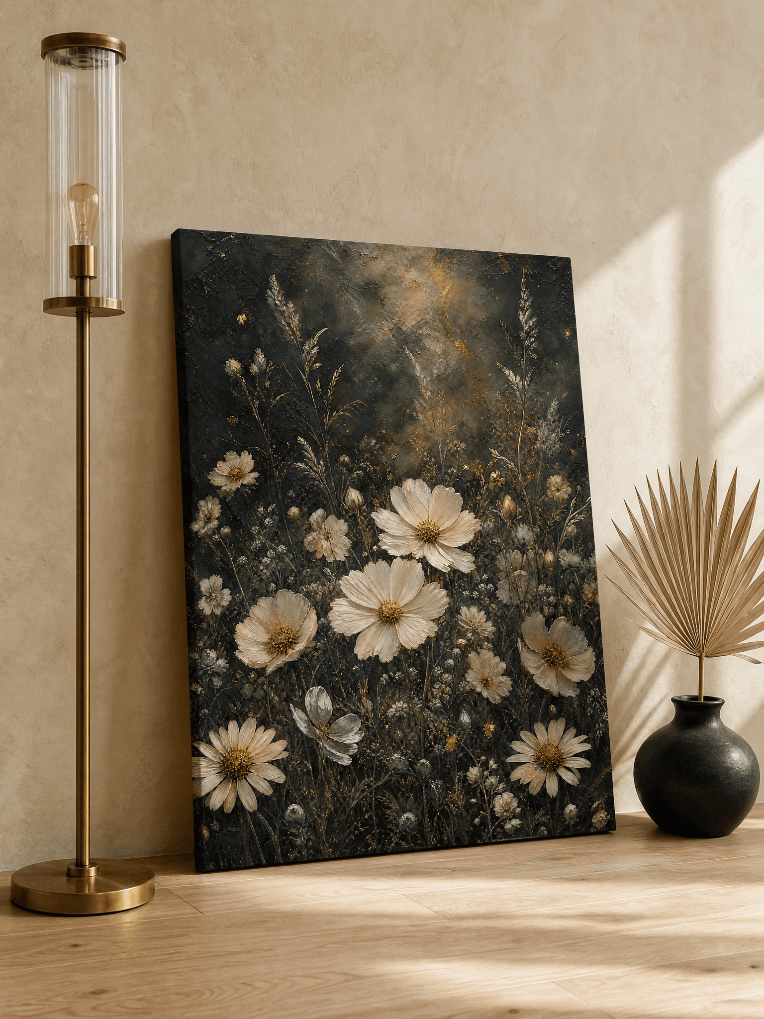 Moody Cottagecore Wildflower Canvas Wall Art | Charcoal Cream Floral Print | Bedroom Home Decor