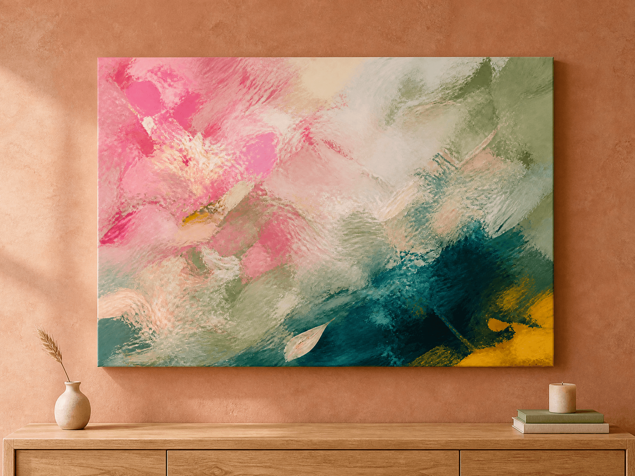 Curated wall art prints displayed in a beautifully styled living room