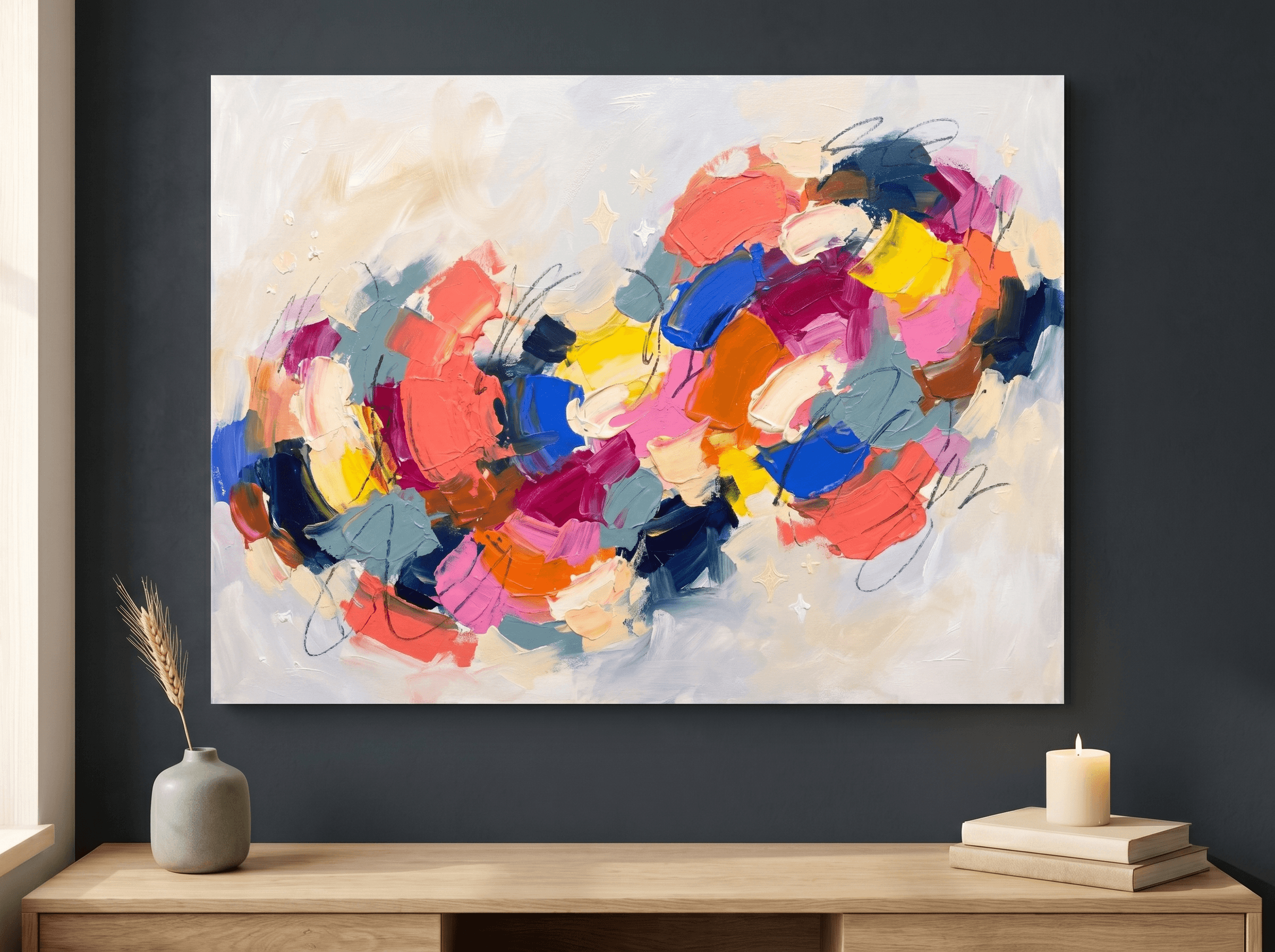 Curated wall art prints displayed in a beautifully styled living room