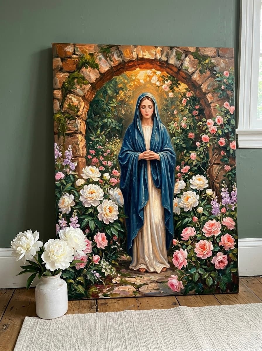 Virgin Mary Garden Canvas Wall Art | Faith Devotional Framed Print | Living Room Home Decor
