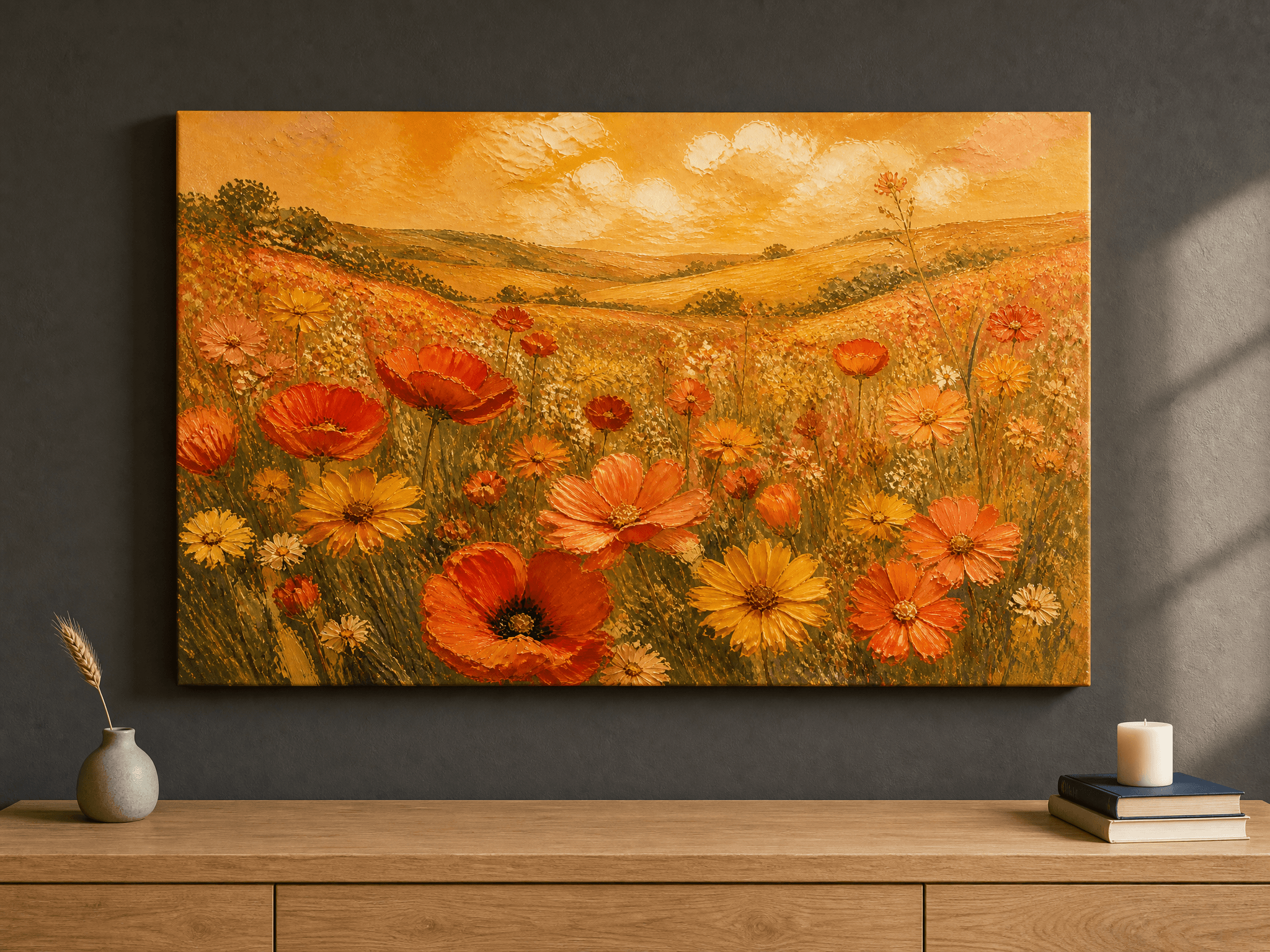 Warm Wildflower Meadow Canvas Wall Art | Golden Sunset Impressionist Print | Living Room Home Decor