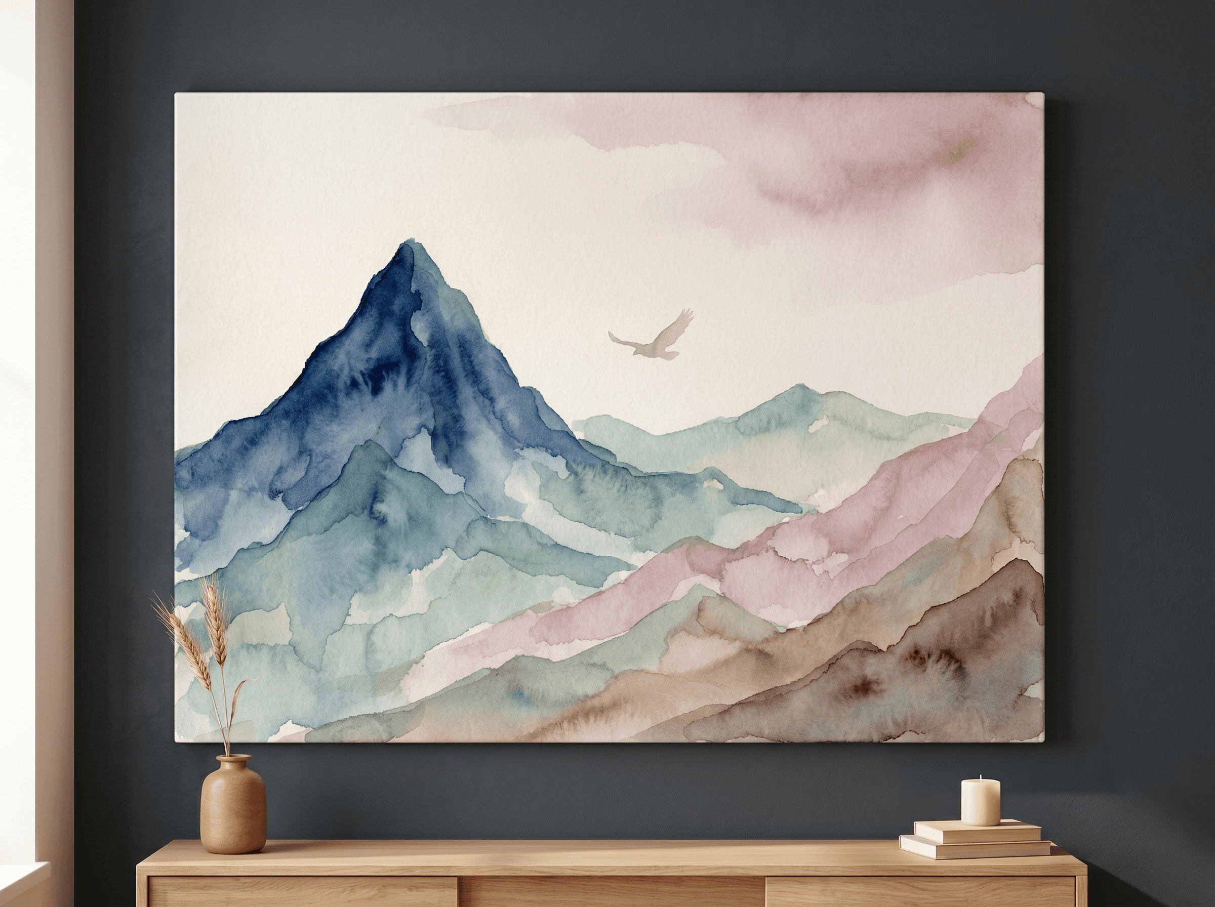 Curated wall art prints displayed in a beautifully styled living room