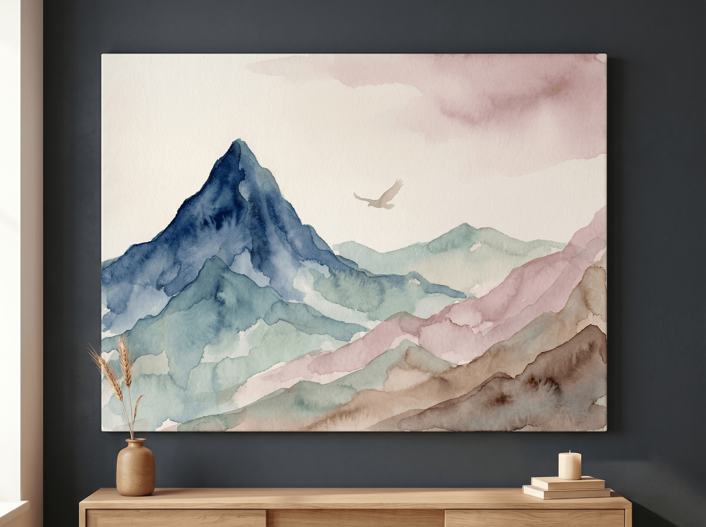 Curated wall art prints displayed in a beautifully styled living room