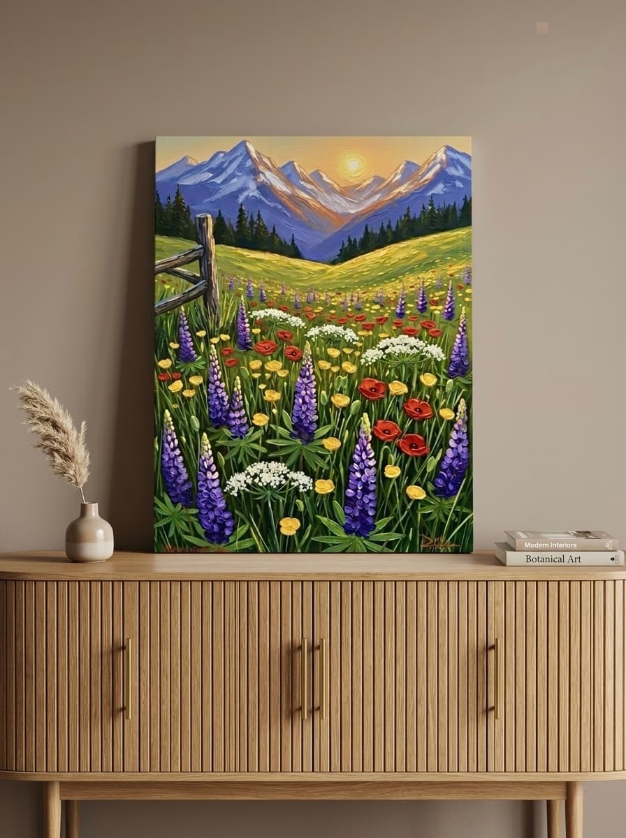 Wildflower Meadow Canvas Wall Art | Mountain Landscape Oil Painting Framed Print | Bedroom Living Room Decor